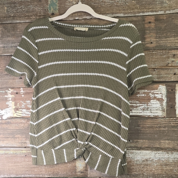 Altar'd State Olive and White Striped Knot Tee, Size S - Picture 1 of 3
